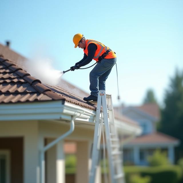 Technician cleaning roof and gutter